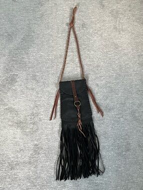 Lucky Brand Leather Black and Brown Fringe Crossbody with Braided Strap